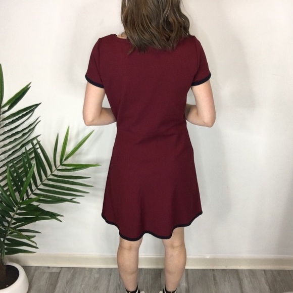 J. CREW fit & flare dress black trim burgundy 0325 - Picture 4 of 7
